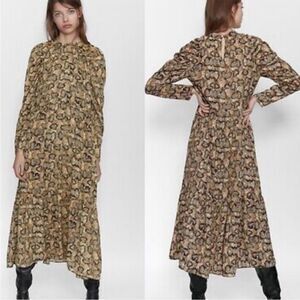 Zara Women's Tiered Maxi Snakeskin Dress Puff Sleeve Size Small Long Sleeve